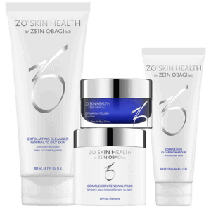 Produktbild des ZO Skin Health Complexion Clearing Program mit folgenden 4 Produkten: Exfoliating Cleanser, Exfoliating Polish, Complexion Renewal Pads, Complexion Clearing Masque