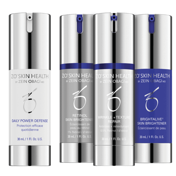 Produktbild des ZO Skin Health Skin Brightening Program + Texture Kit mit folgenden 4 Produkten: Daily Power Defense, Retinol Skin Brightener, Wrinkle + Texture Repair und Brightalive